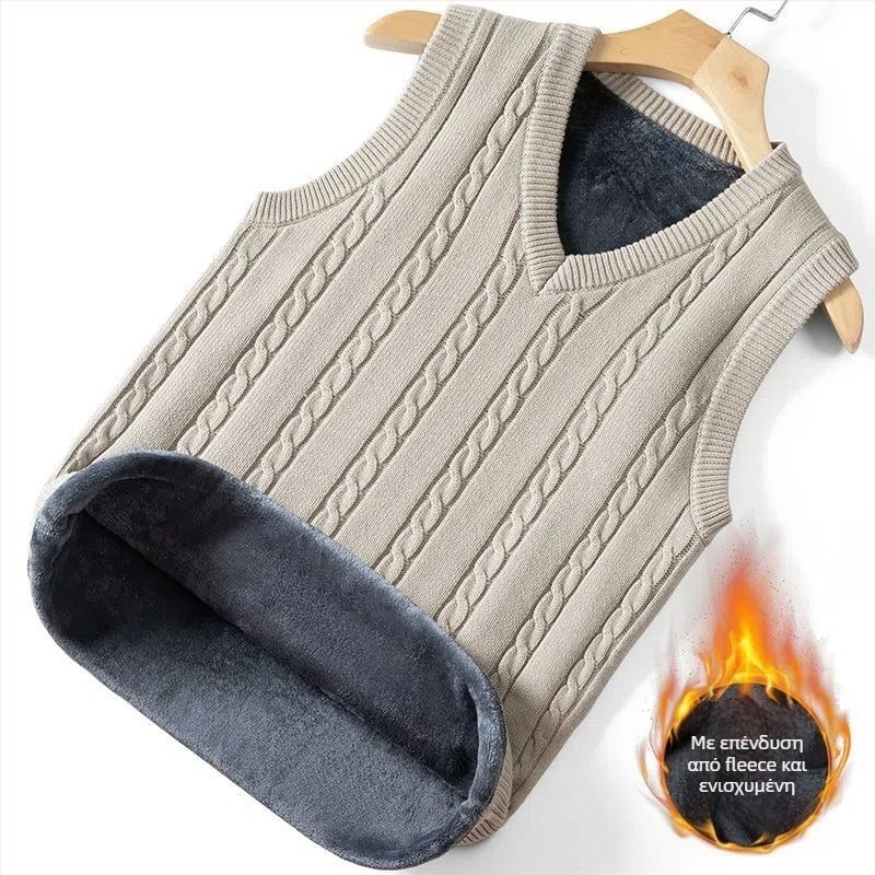 Ανδρικό πλεκτό γιλέκο χωρίς μανίκια, με κουκούλα, V-λαιμό, ριγέ μοτίβο, παχύ ύφασμα