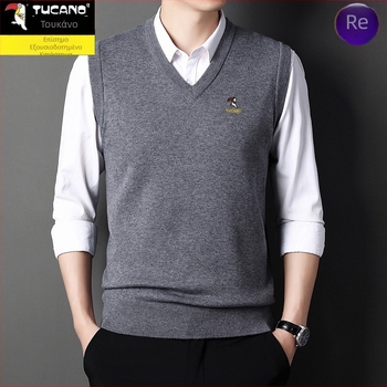 Ανδρικό γιλέκο από βαμβάκι με κουκούλα, V-λαιμός σε σχήμα καρδιάς, παχιά ύφανση, μονόχρωμο, φερμουάρ