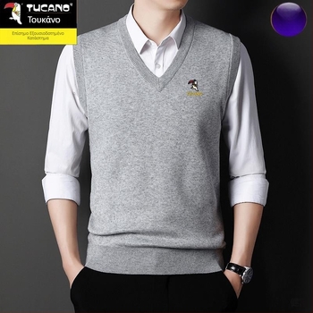 Ανδρικό γιλέκο από βαμβάκι με κουκούλα, V-λαιμός σε σχήμα καρδιάς, παχιά ύφανση, μονόχρωμο, φερμουάρ