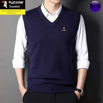 Ανδρικό γιλέκο από βαμβάκι με κουκούλα, V-λαιμός σε σχήμα καρδιάς, παχιά ύφανση, μονόχρωμο, φερμουάρ