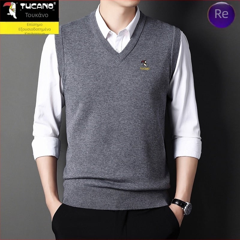 Ανδρικό γιλέκο από βαμβάκι με κουκούλα, V-λαιμός σε σχήμα καρδιάς, παχιά ύφανση, μονόχρωμο, φερμουάρ