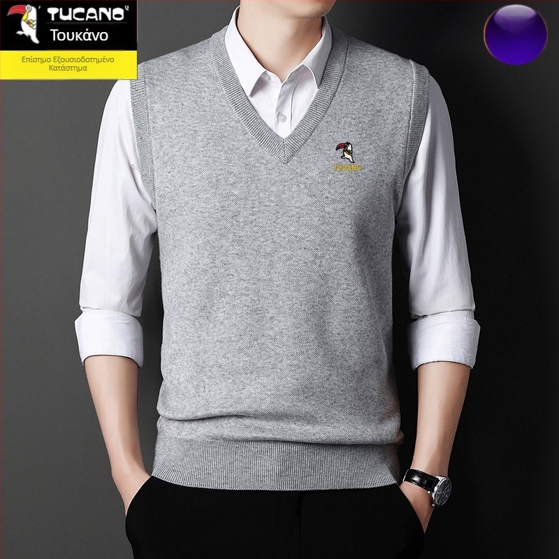 Ανδρικό γιλέκο από βαμβάκι με κουκούλα, V-λαιμός σε σχήμα καρδιάς, παχιά ύφανση, μονόχρωμο, φερμουάρ