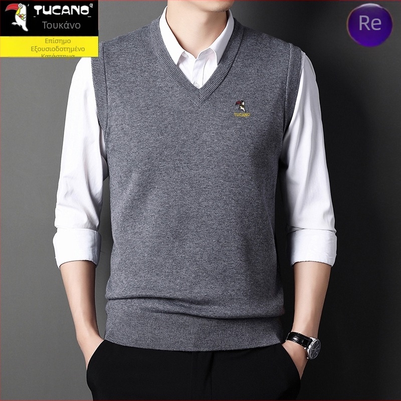 Ανδρικό γιλέκο από βαμβάκι με κουκούλα, V-λαιμός σε σχήμα καρδιάς, παχιά ύφανση, μονόχρωμο, φερμουάρ