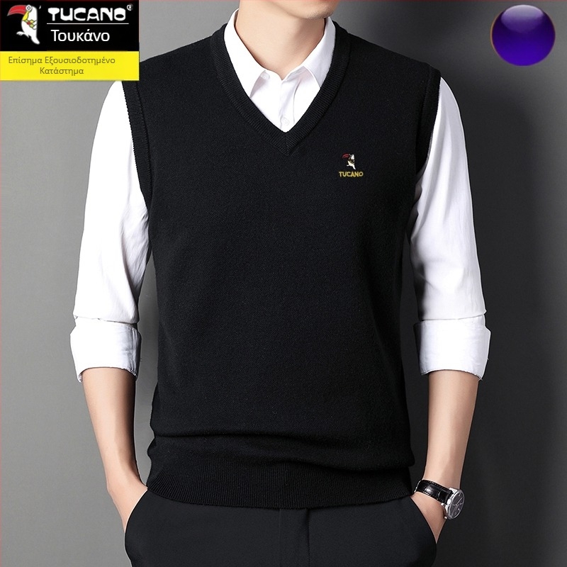 Ανδρικό γιλέκο από βαμβάκι με κουκούλα, V-λαιμός σε σχήμα καρδιάς, παχιά ύφανση, μονόχρωμο, φερμουάρ