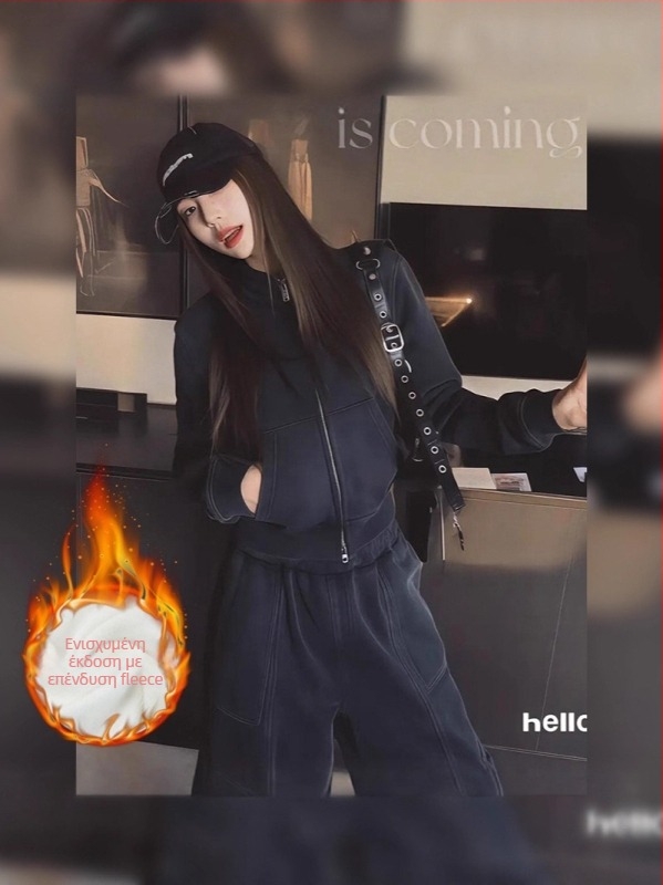 Γυναικείο χειμερινό αθλητικό σετ με fleece επένδυση, χαλαρή γραμμή, Κορεατικό στυλ φούτερ, σετ δύο τεμαχίων