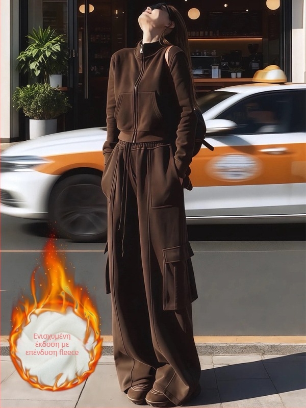 Γυναικείο χειμερινό αθλητικό σετ με fleece επένδυση, χαλαρή γραμμή, Κορεατικό στυλ φούτερ, σετ δύο τεμαχίων