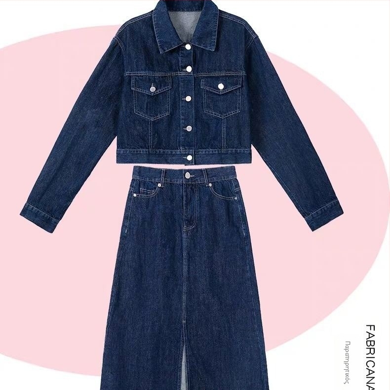 Γυναικείος denim Kostym ménφústa, foústa mésōs, makrīa maníkia, fthinōpωro 2024, ýfasma denim me organiko vavmaki 50–70%
