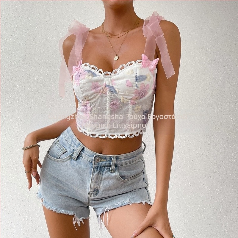 Τοπ χωρίς τιράντες με κορδόνια, floral print, πολυεστερική ύφανση, μικροελαστικότητα