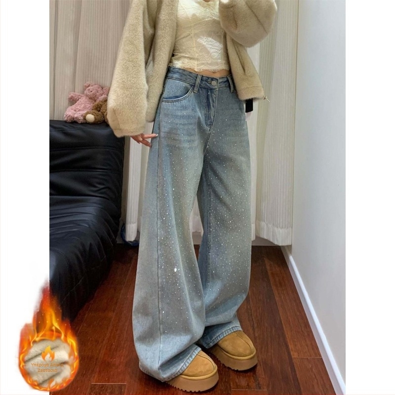 Τζιν από denim με ψηλή μέση, ευθύ μακρύ παντελόνι, φλις επένδυση, διακόσμηση με κρύσταλλα με τεχνική hot drill