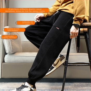 Ανδρικά jogger από corduroy με fleece επένδυση, χοντρά για τον χειμώνα, μεσαία μέση, δέσιμο στον αστράγαλο, λεπτομέρειες τσεπών, 100% πολυεστέρα, χωρίς σιδέρωμα