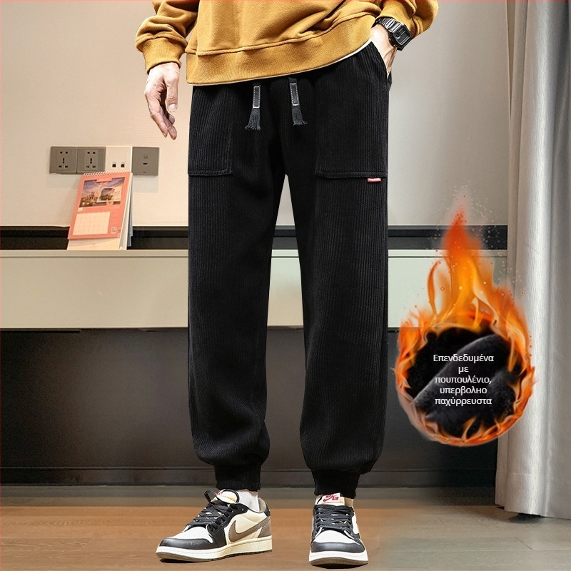 Ανδρικά jogger από corduroy με fleece επένδυση, χοντρά για τον χειμώνα, μεσαία μέση, δέσιμο στον αστράγαλο, λεπτομέρειες τσεπών, 100% πολυεστέρα, χωρίς σιδέρωμα