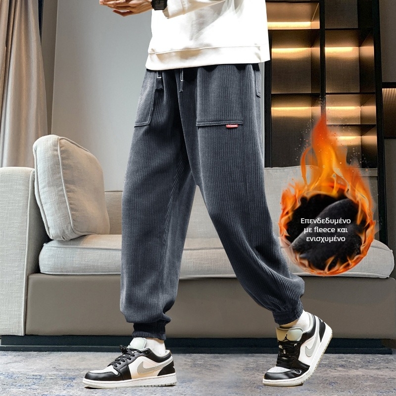 Ανδρικά jogger από corduroy με fleece επένδυση, χοντρά για τον χειμώνα, μεσαία μέση, δέσιμο στον αστράγαλο, λεπτομέρειες τσεπών, 100% πολυεστέρα, χωρίς σιδέρωμα
