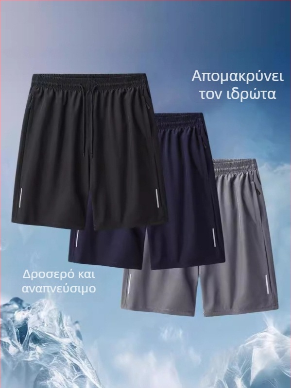 Ανδρικά αθλητικά σορτς Ice-Silk με γρήγορο στέγνωμα, άνετη εφαρμογή, μήκος πέντε τετάρτων, μέση μεσαία, ριγέ πολυεστέρας