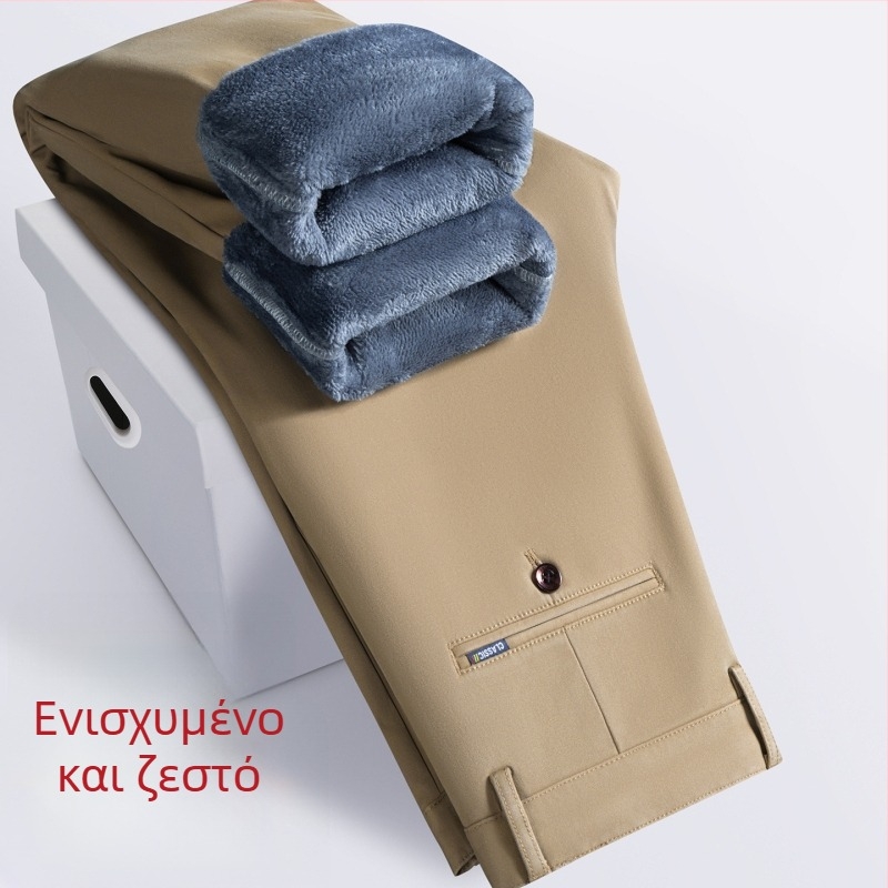 Ανδρικά παντελόνια από αγνό βαμβάκι με επένδυση φλις για τον χειμώνα – ίσια χαλαρή γραμμή, μεσαία μέση, κλείσιμο με φερμουάρ