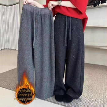 Φαρδιά παντελόνια με παγιέτες, fleece επένδυση, ύφασμα πολυεστέρα-σπαντέξ, ψηλή μέση, χειμωνιάτικο 2025 casual