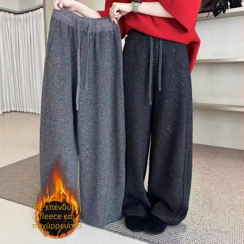 Φαρδιά παντελόνια με παγιέτες, fleece επένδυση, ύφασμα πολυεστέρα-σπαντέξ, ψηλή μέση, χειμωνιάτικο 2025 casual
