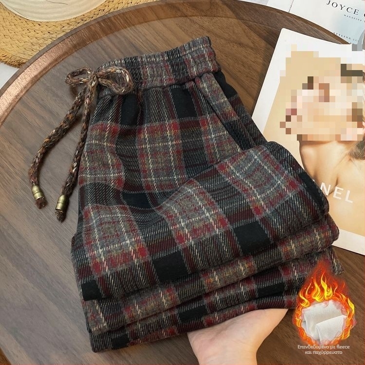 Γυναικείες φαρδιές καρό παντελόνες, με φλίς εσωτερικά, από μάλλινο ύφασμα, άνοιξη 2025