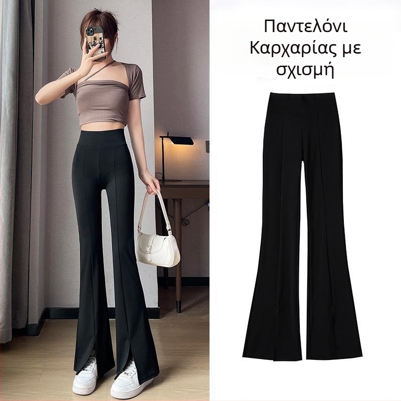 Γυναικείοι παντελόνες με σχισμή και bootcut κόψιμο, ψηλή μέση, ελαφρώς φαρδιά γραμμή, 2025 νέο σχέδιο, μαύρο, μεγάλα μεγέθη