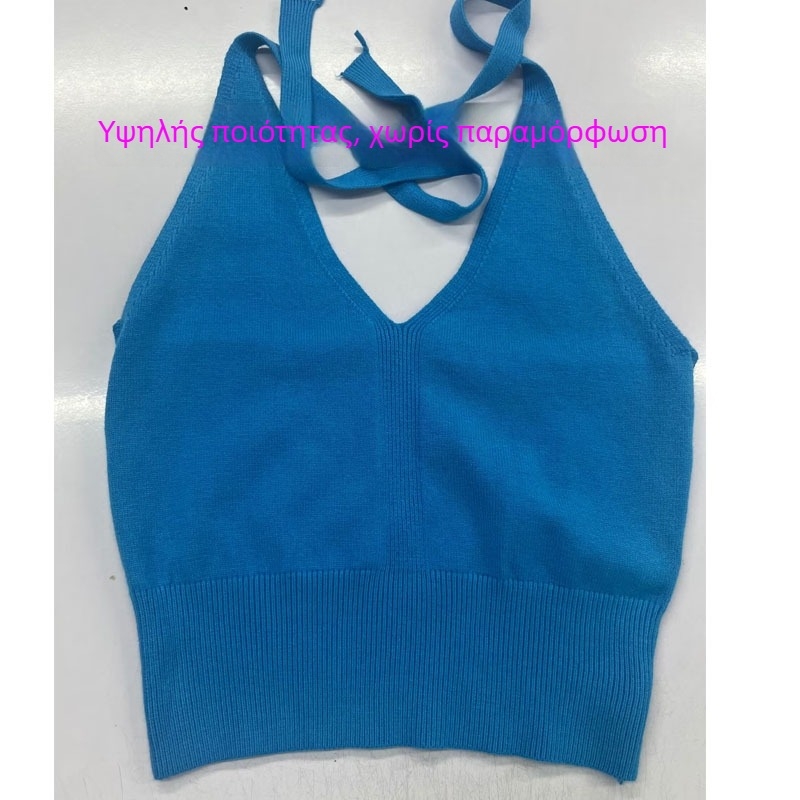 Πλεκτό τοπ σωλήνας με κορδόνια, halter λαιμό και V‑ντεκολτέ
