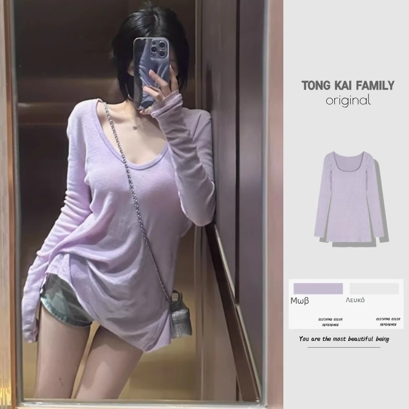 Γυναικεία μακρυμάνικη μπλούζα T-shirt με V-λαιμό, χαλαρή γραμμή, μεσαίο μήκος, κορεατικό casual στυλ