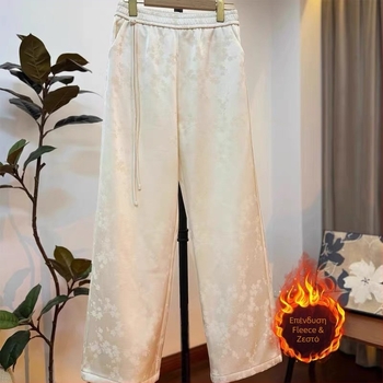 Γυναικείες παντελόνες wide-leg με φλίς επένδυση, παχιές, υψηλή μέση, ίσια γραμμή, casual παντελόνια για φθινόπωρο–χειμώνα, jacquard