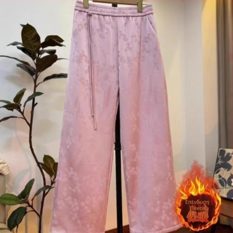 Γυναικείες παντελόνες wide-leg με φλίς επένδυση, παχιές, υψηλή μέση, ίσια γραμμή, casual παντελόνια για φθινόπωρο–χειμώνα, jacquard