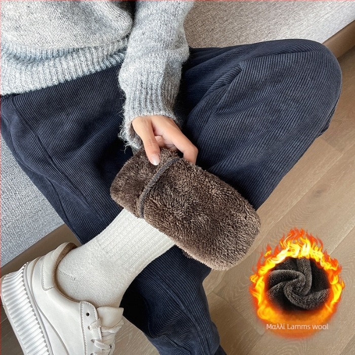Γυναικείοι παντελόνες chenille με επένδυση fleece, ίσια γραμμή, ελαστική μέση, χειμωνιάτικα, καθημερινά
