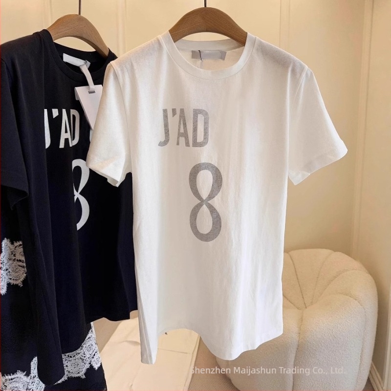 Γυναικείο βαμβακερό T-shirt με εκτύπωση γραμμάτων, κοντά μανίκια, στρογγυλός λαιμός, χαλαρή γραμμή, καθημερινό στυλ — Καλοκαίρι 2025