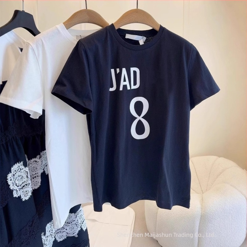 Γυναικείο βαμβακερό T-shirt με εκτύπωση γραμμάτων, κοντά μανίκια, στρογγυλός λαιμός, χαλαρή γραμμή, καθημερινό στυλ — Καλοκαίρι 2025