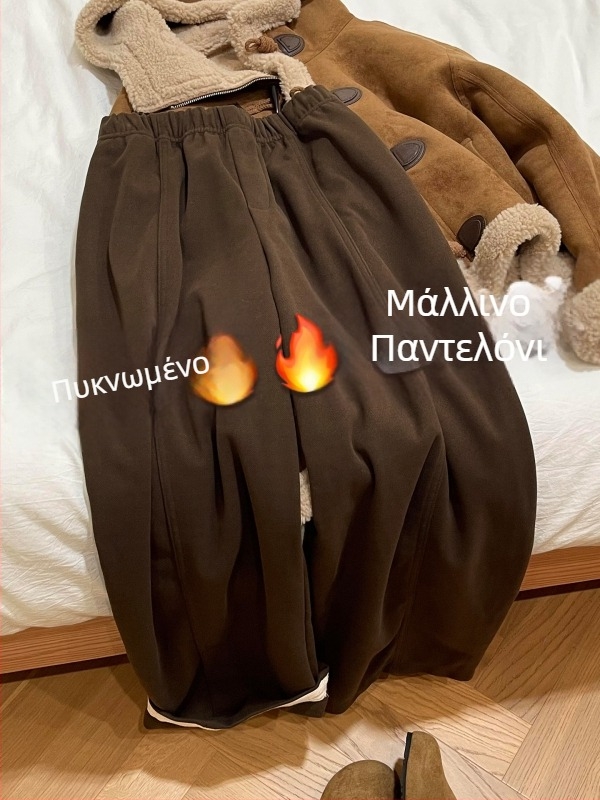 Γυναικείες καφέ μάλλινες παντελόνες με φαρδιά πόδια, φθινοπωρινές-χειμωνιάτικες, Plus Size για σώμα με σχήμα αχλαδιού, ελαστική μέση, ευέλικτη ίσια γραμμή