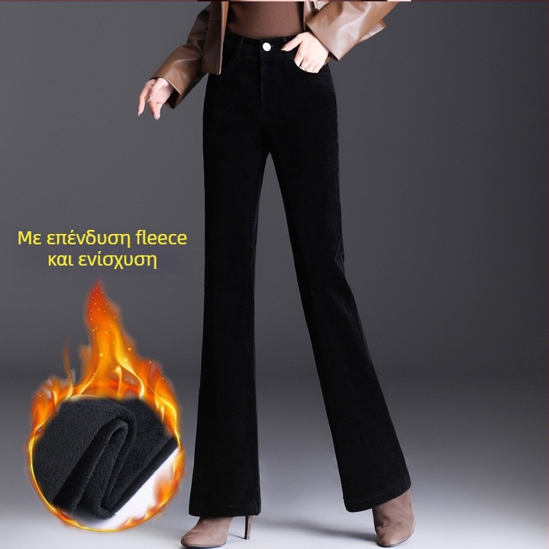 Corduroy γυναικείοι παντελόνες με υψηλή μέση, επενδυμένες με φλίς για τον χειμώνα, φαρδιά σιλουέτα, βαμβάκι-ελαστάν μίξη