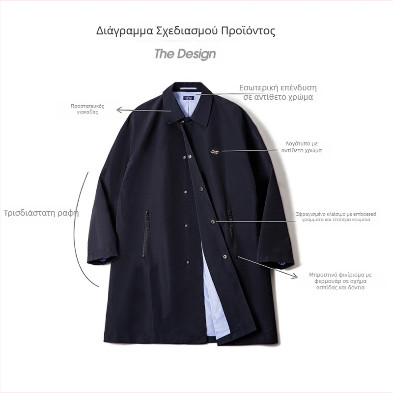 Trench Coat με Teflon τριπλής προστασίας, Lapel γιακά, Mid-Length, Single-Breasted, Πολυεστερικό ύφασμα