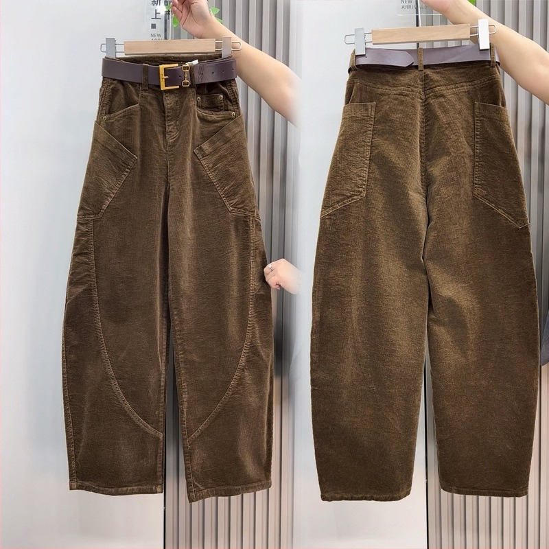 Γυναικείοι παντελόνες από corduroy, ίσια γραμμή, υψηλή μέση, μακριά, curved knife στυλ
