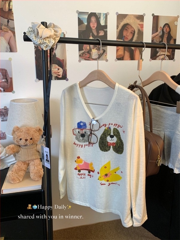 T-shirt με άνετη γραμμή, στρογγυλό λαιμό, μακριά μανίκια, εκτύπωση με καρτούν, μίξη Tencel (Lyocell) και Spandex