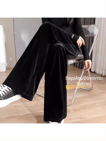 Γυναικείοι παντελόνες Gold Silk Velvet με φαρδιά γραμμή, υψηλή μέση, ίσια κοπή, επενδεδυμένες με fleece