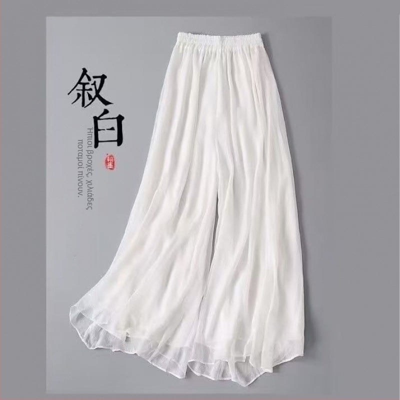 Γυναικεία chiffon παντελόνια με φαρδιά γραμμή, διπλό στρώμα, ψηλή μέση, μακριά, καλοκαιρινό αστικό στυλ