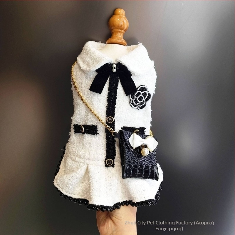 Γιλέκο σκύλου σε στυλ Chanel με μαύρο-λευκό tweed, κάπα για σκύλους και γάτες, ρούχα κατοικίδιων