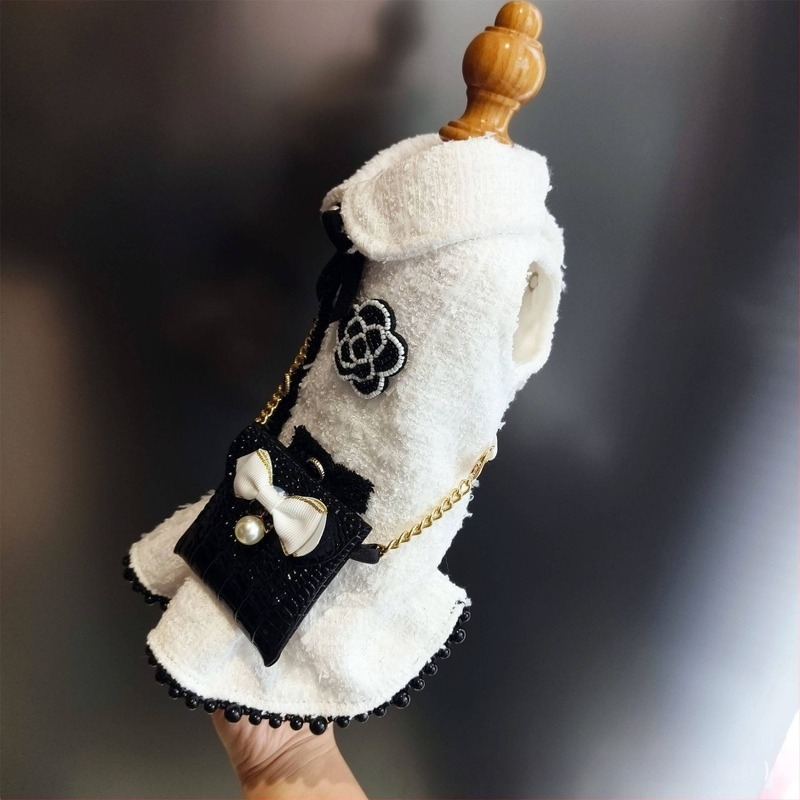Γιλέκο σκύλου σε στυλ Chanel με μαύρο-λευκό tweed, κάπα για σκύλους και γάτες, ρούχα κατοικίδιων