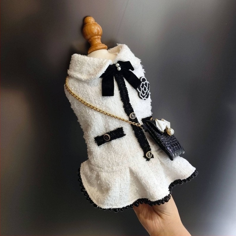 Γιλέκο σκύλου σε στυλ Chanel με μαύρο-λευκό tweed, κάπα για σκύλους και γάτες, ρούχα κατοικίδιων