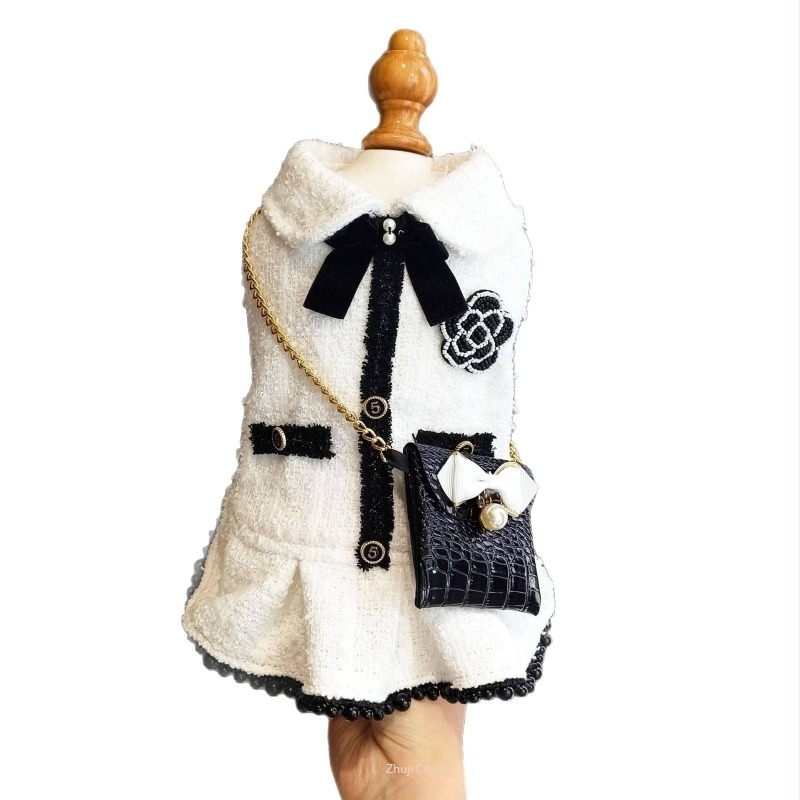 Γιλέκο σκύλου σε στυλ Chanel με μαύρο-λευκό tweed, κάπα για σκύλους και γάτες, ρούχα κατοικίδιων