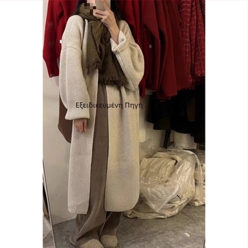 Γυναικείο μεσαίου μήκους πλεκτό cardigan με κουκούλα, χαλαρή γραμμή, μέχρι το γόνατο, μανίκια φανάρι