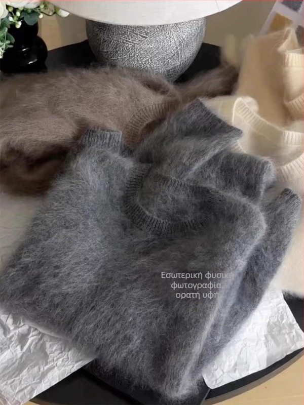 Γυναικείος πουλόβερ από mohair, στρογγυλός λαιμός, μακριά μανίκια, φαρδιά γραμμή, μεσαία πυκνότητα