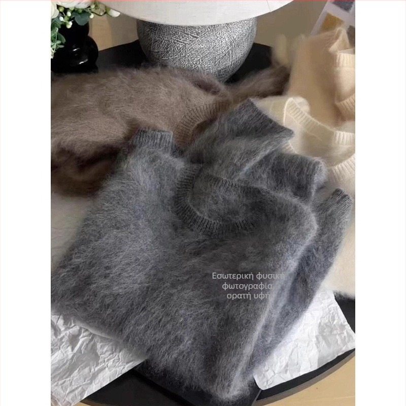 Γυναικείος πουλόβερ από mohair, στρογγυλός λαιμός, μακριά μανίκια, φαρδιά γραμμή, μεσαία πυκνότητα