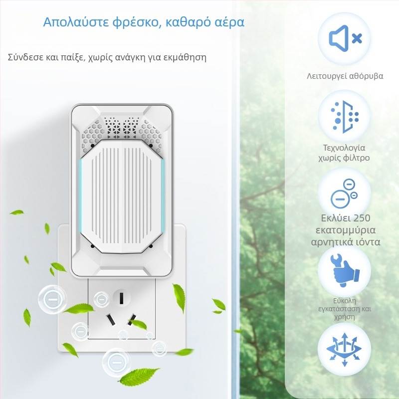 Φορητός καθαριστής αέρα με αρνητικά ιόντα, 50 m³/h, θόρυβος < 36 dB, κάλυψη 21–30 m², τροφοδοσία σε πρίζα, μηχανικός έλεγχος