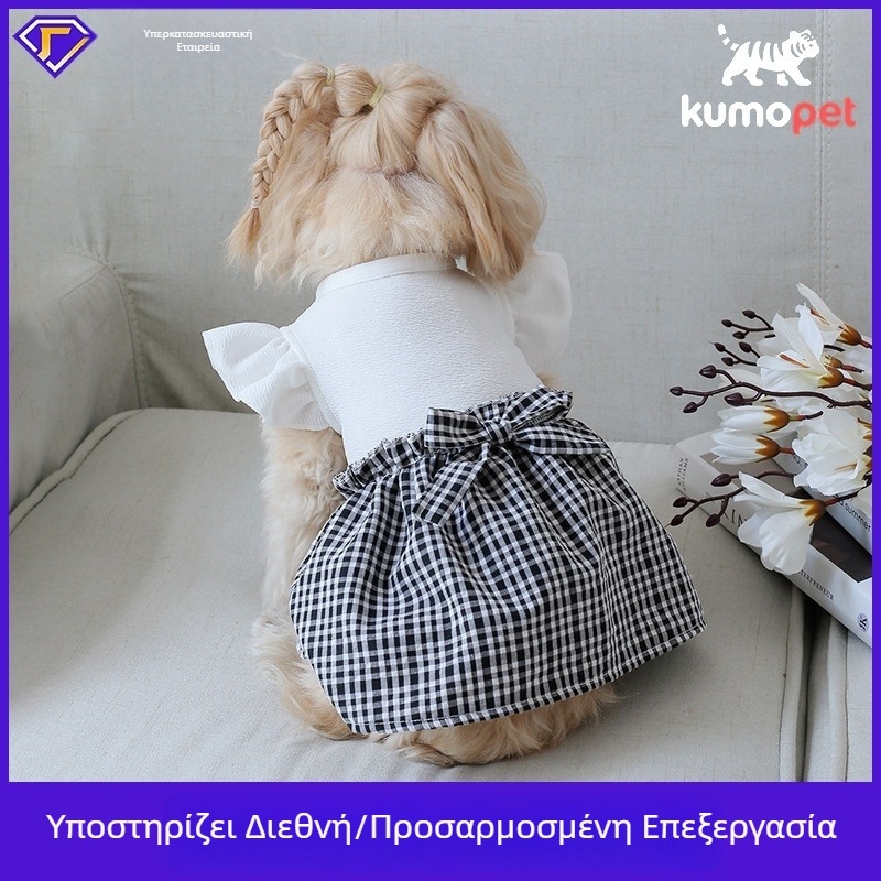Φόρεμα για κατοικίδια με φτερωτά μανίκια, καρό αγροτικού στυλ με φιόγκο — πολυεστέρας φιλικός προς το δέρμα, για όλες τις εποχές, στυλ Κορέας