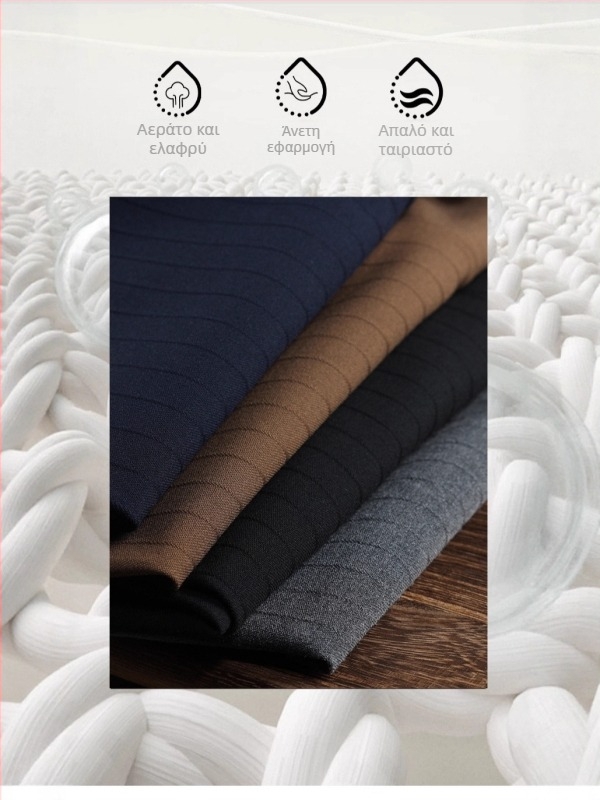 Σετ ανδρικού κοστουμιού για επιχειρηματικό ντύσιμο με επίπεδο πέτο, μονόβερτο κλείσιμο με ένα κουμπί, πολυεστερική ανάμειξη 67,1%, πλευρικά σχισίματα