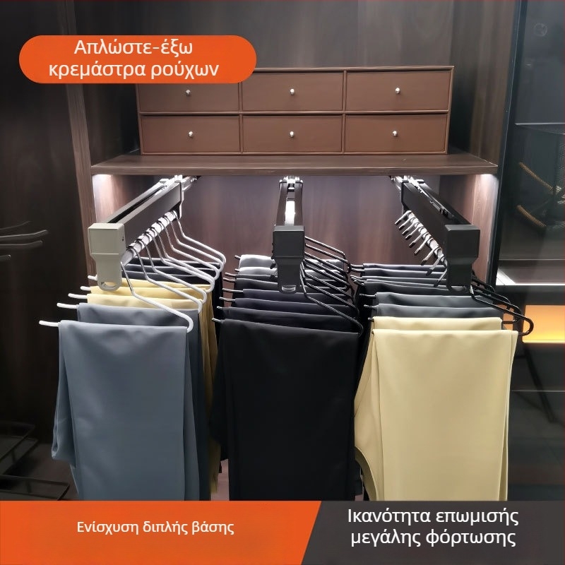 Κρεμάστρα ρούχων επάνω τοποθετημένη, με αναδιπλούμενο χώρο για παντελόνια και ενσωματωμένη συρόμενη ράγα — κατασκευή από αλουμινίου κράμα + ανοξείδωτο χάλυβα + ABS, μάρκα xonmu, μοντέλο DM-8