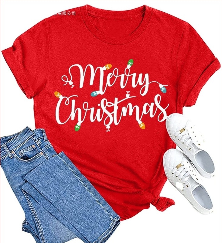 Γυναικεία κοντομάνικη μπλούζα T-shirt με εκτύπωση γραμμάτων Merry Christmas, χαλαρή γραμμή, καθημερινό στυλ, ευρωπαϊκό μέγεθος