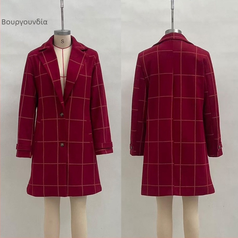 Γυναικείο παλτό μέσου μήκους σε ευρω-αμερικανικό ρετρό στυλ με μοτίβο πλέγματος και patchwork, πολυεστερικό ύφασμα, άνετη γραμμή, μακριά μανίκια