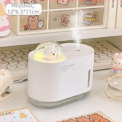 Υγραντήρας αέρα με σχέδιο αρκούδας — επιτραπέζιος για φοιτητικά δωμάτια, 1 έξοδος ομίχλης, USB τροφοδοσία (0.5–1 L δεξαμενή; θόρυβος 36–45 dB; εμβέλεια κάτω από 10 m²)